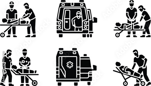 Medical emergency response icons, ambulance crew, stretcher, paramedics, healthcare, rescue
