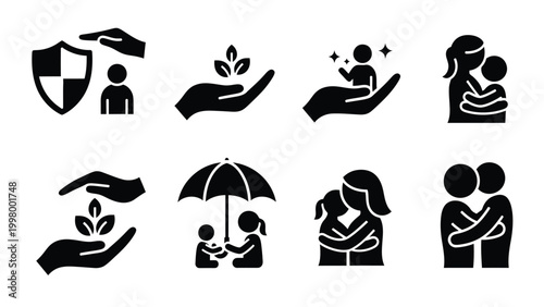 Set of eight black and white silhouette icons representing care and protection.