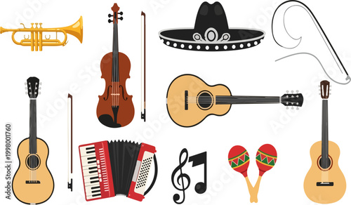 Mexican Mariachi Band Musical Instruments Illustration Set