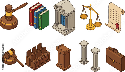 Isometric Law and Justice System Legal Icons Set