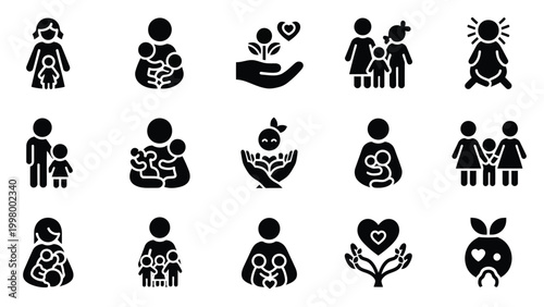 Set of family icons featuring mothers and children with various growth themes.