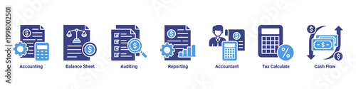 Accounting System banner with accounting,balance sheet,auditing,reporting,tax calculation and cash flow icons for corporate finance concept