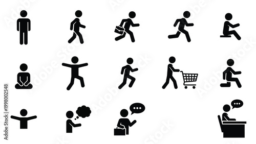 Set of stick figure silhouettes for business and everyday human activities.