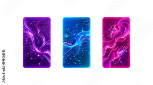 Three Neon Gradient Cards Futuristic Abstract Background Vibrant