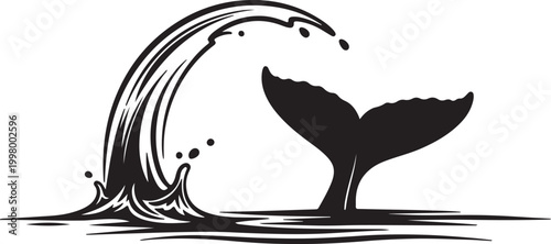 Elegant whale fluke rising beneath a stylized crashing wave, monochrome vector art with smooth curves and fluid motion, minimalist marine life illustration, bold contrast, isolated modern design