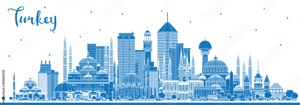 Fototapeta premium Outline Turkey City Skyline with Blue Buildings. Illustration. Tourism Concept with Historic Architecture. Turkey Cityscape with Landmarks. Izmir. Ankara. Istanbul.