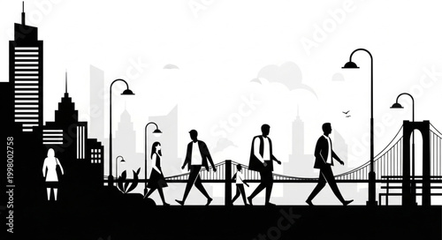 Silhouettes of people walking across a bridge in a city.