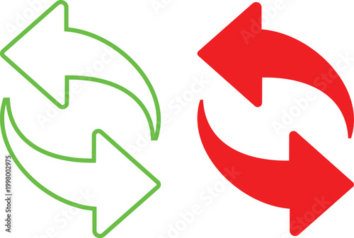 Green and Red Refresh Reload Sync Arrows Icon Set, Circular Rotation Symbols for Update, Repeat, Recycle, Vector illustration