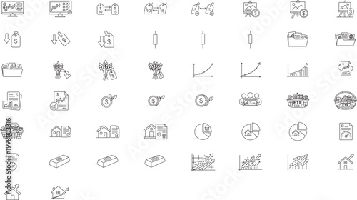 50 Finance and Investment Vector Icon Set with Editable Stroke. Minimalist Line Art Bundle for Trading, Real Estate, Stocks, Commodities, and Business Growth. Professional Outline Collection.