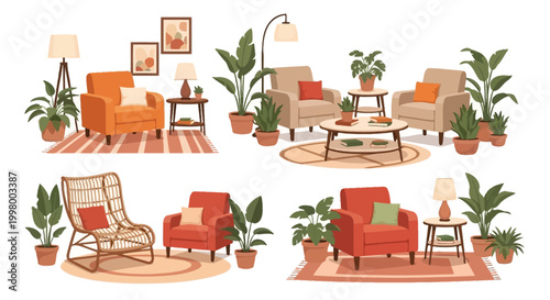 A brightly lit modern living room interior with comfortable seating plants and warm color accents