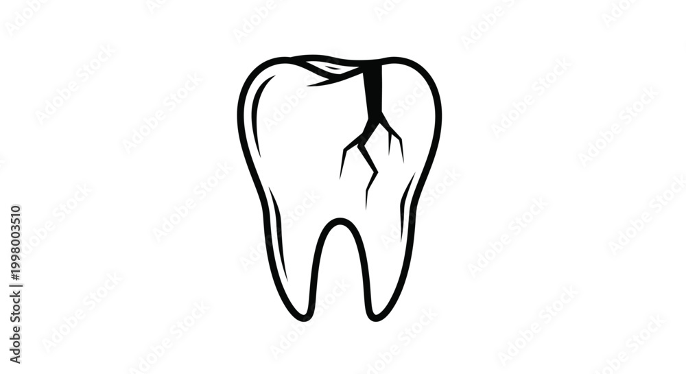 Obraz premium A simple black and white illustration depicts a cracked human molar tooth with visible fissures