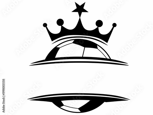 Soccer ball emblem crowned with five-point star crown, dynamic black and white vector symbol of victory, excellence, and championship prestige