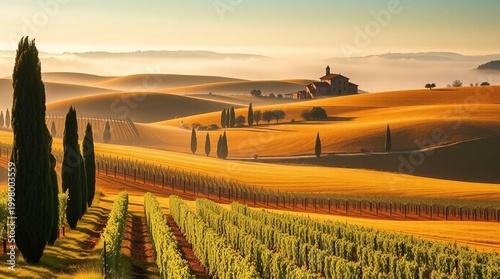 Golden Rolling Tuscany Hills with Cypress Trees and Farmhouse in Morning Mist