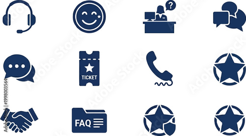 Set of blue and black customer service support and business icons representing communication help desk and help center features