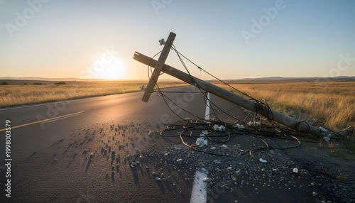 A broken wooden utility pole is down near a rural road after a severe storm, blocking the asphalt highway at sunset as a concept for a power outage and infrastructure failure crisis