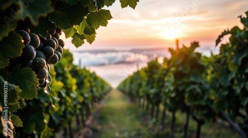 Dew-Covered Grapevines with Misty Vineyard Valley in Soft Sunrise Light