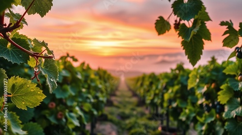 Dew-Covered Grapevines with Misty Vineyard Valley in Soft Sunrise Light