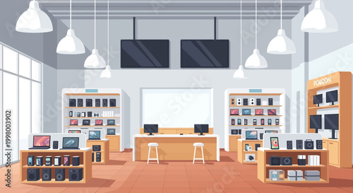 A brightly lit electronics store interior features displays of phones laptops and televisions high quality