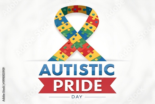 Puzzle ribbon design for autistic pride day celebration and awareness, highlighting acceptance and understanding of neurodiversity with vibrant colors and symbolic imagery for support and advocacy.