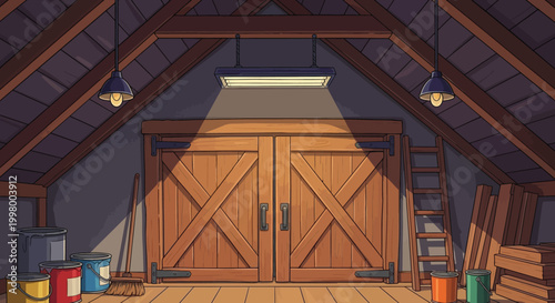 A cartoon illustration depicts an attic space with wooden doors a ladder and various stored items