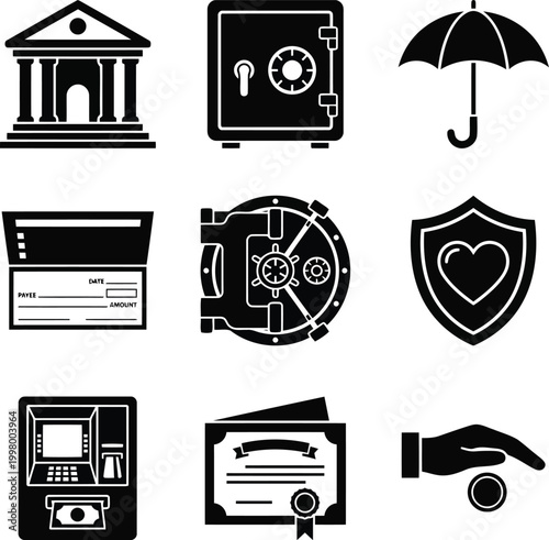 Set of black and white banking and financial icons including bank building safe deposit box insurance umbrella shield checkbook and atm machine