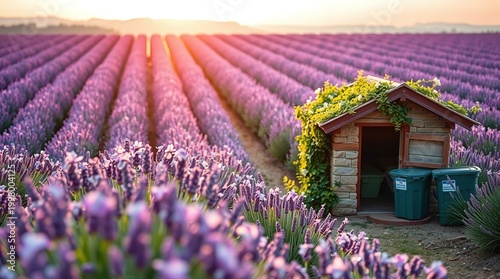 Infinite Rows of Purple Lavender Fields Stretching to a Sunset Horizon