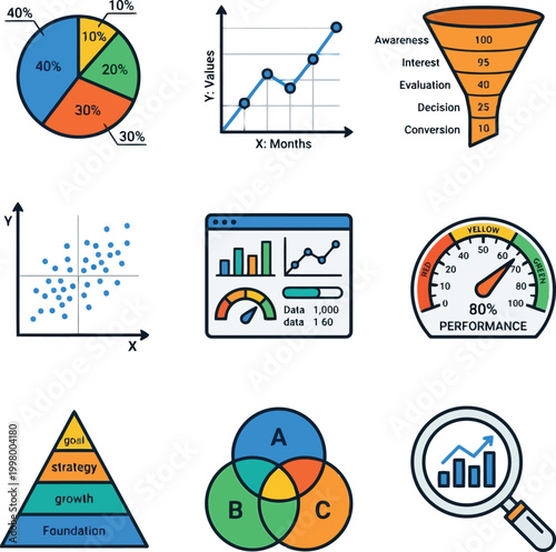Foto Set of colorful business icons featuring various charts graphs diagrams and data