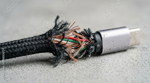 Damaged USB cable with exposed wires on textured surface  