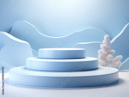 Generous podium display, pastel blue background, Christmas, Winter scene with snow