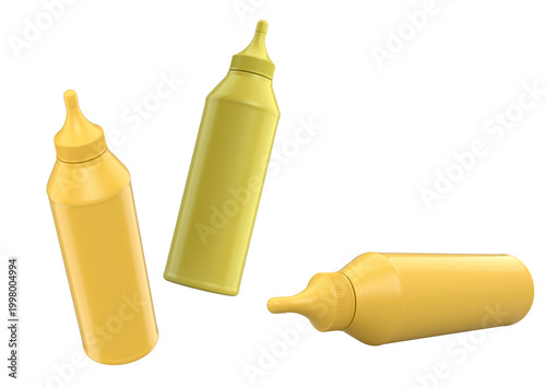 Set of plastic squeeze ketchup and mustard bottles with pointed cone caps lined up side by side isolated on white background