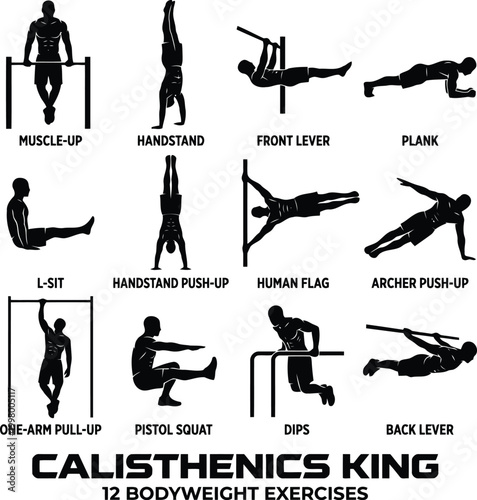 Set of 12 bodyweight exercises showing calisthenics workout movements including muscle up handstand and human flag for fitness training