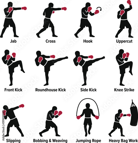 Set of boxing and martial arts silhouettes showing basic fighting techniques and training exercises with red gloves