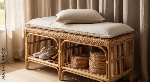 Natural woven rattan entryway bench with linen cushion and storage baskets