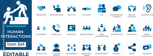 Human interactions and communication flat vector icon set. Editable business teamwork, networking, and social relationship symbols.