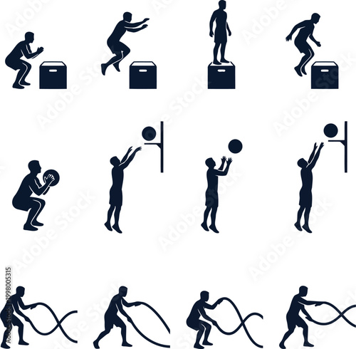 Set of human silhouettes doing fitness exercises like box jumps wall ball shots and battle rope training in a gym