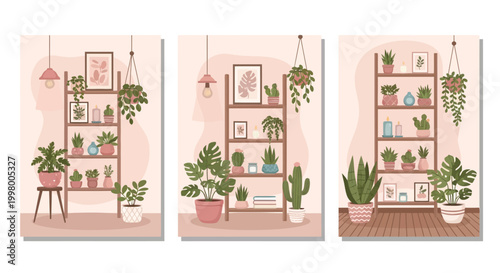 A triptych displaying three pastel toned interior scenes featuring leaning bookshelves and thriving houseplants