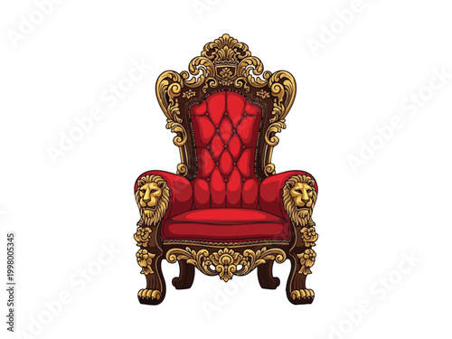 Ornate golden throne with red velvet padding and decorative lion sculptures on the armrests.