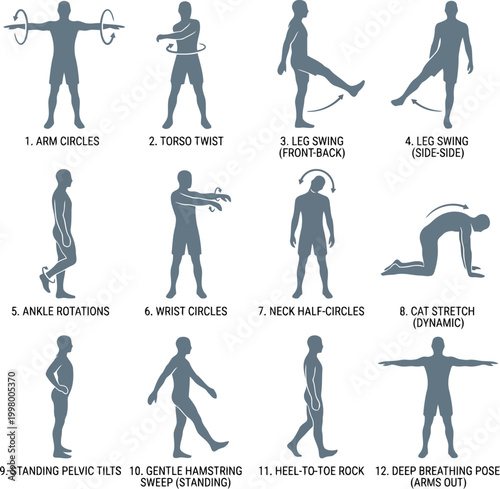 Set of human body exercises and warm up movements showing dynamic stretching poses for fitness and workout training routines