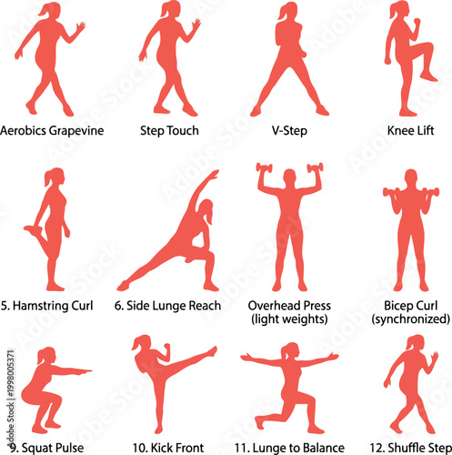 Set of twelve red fitness exercise icons showing woman doing aerobics movements and strength training gym workouts for healthy body lifestyle