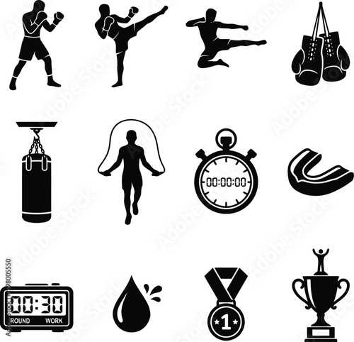 Set of black boxing and martial arts icons featuring athletes, punching bags, boxing gloves, timers, and championship trophies for sports design