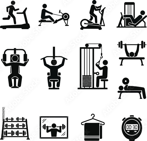 Set of black gym fitness icons showing people working out with exercise machines weights and equipment for health and strength training