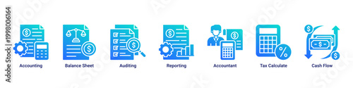 Accounting System banner with accounting,balance sheet,auditing,reporting,tax calculation and cash flow icons for corporate finance concept
