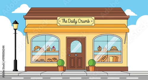 A cartoon bakery storefront with a sign reading The Daily Crumb