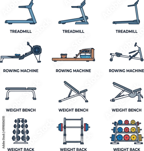 Set of gym fitness equipment icons including treadmills rowing machines weight benches and racks for workout and exercise training