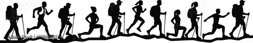 Group of people hiking and trekking together in a long line silhouette illustration