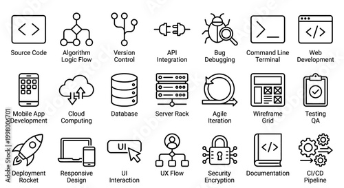 Software app developer labels icons for software development processes. Suitable for presentations, websites, and educational materials on software development.