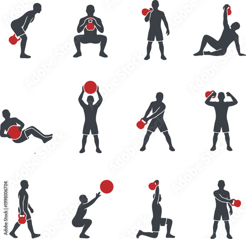 Set of kettlebell and medicine ball exercises showing different workout positions for fitness training and strength building