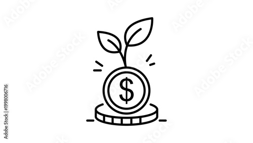 Tableau sur toile Financial Growth and Investment Concept: Minimalist Black Line Vector Icon of a Plant Sprouting from a Dollar Coin on White Background