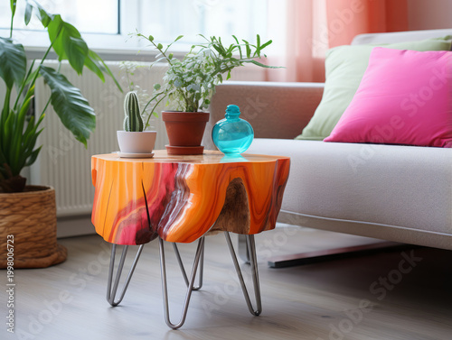 Wonderful Tree Stump side table with hairpin legs design in modern room