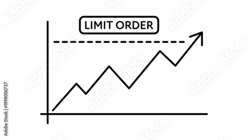 Limit Order Concept Vector Icon Illustration with Editable Stroke. Minimalist Black Line Graph Showing Stock Market Price Movement and Set Price Limit Line on White Background. Financial Trading.